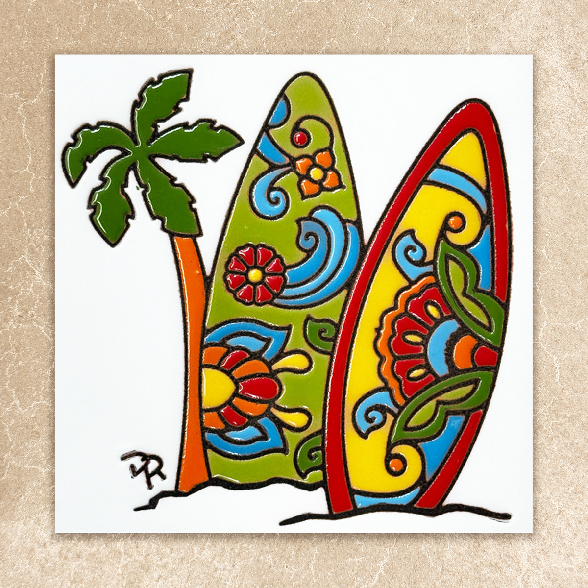 Colorful surfboard and palm tree illustration on a textured beige background