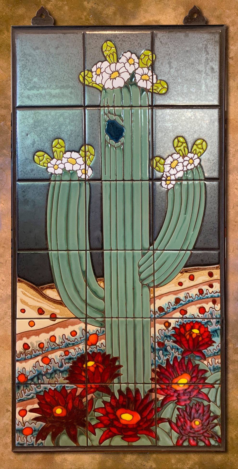 Saguaro on Silver Fine Art Tile Mural 18"x36"
