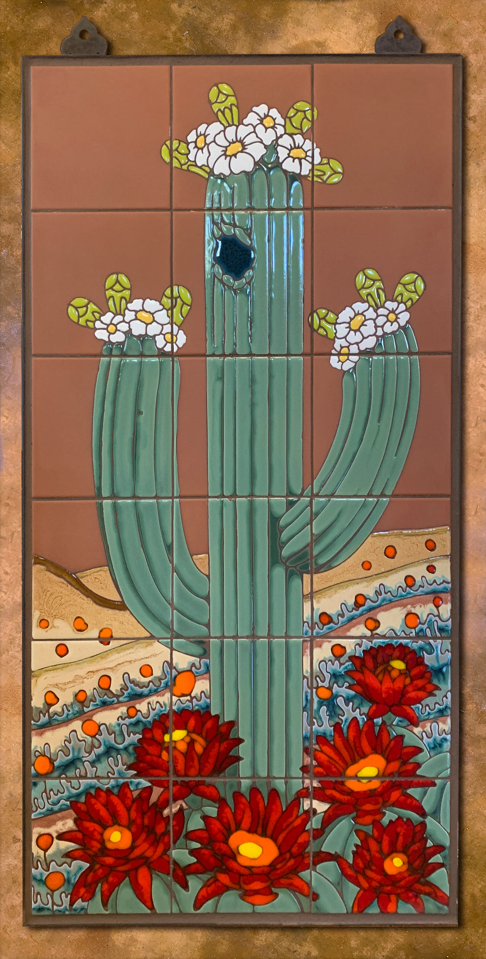 Saguaro on Terra Cotta Fine Art Tile Mural 18"x36"