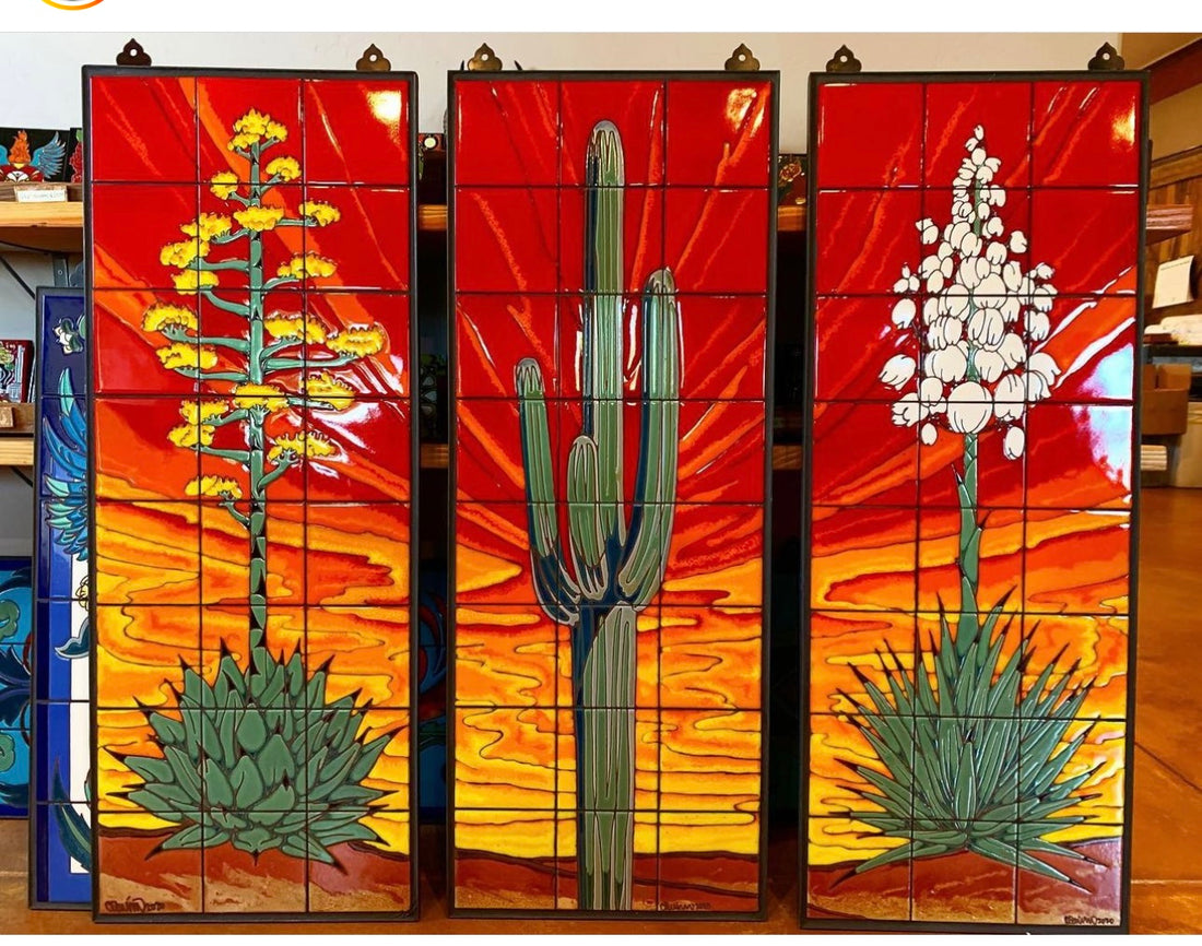 Saguaro yucca tile mural triptych