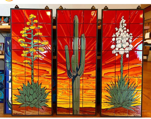 Saguaro yucca tile mural triptych