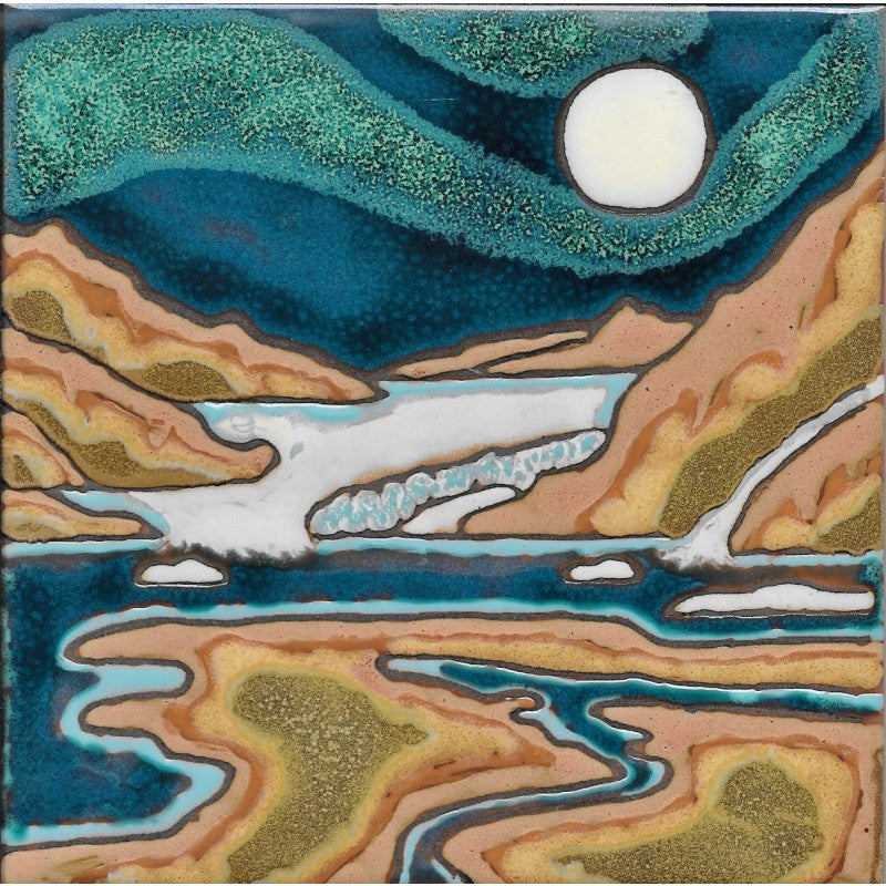 A square ceramic tile featuring a stylized landscape painting with a white full moon, teal and blue sky, brown and gold mountains, and winding blue and white waterways.