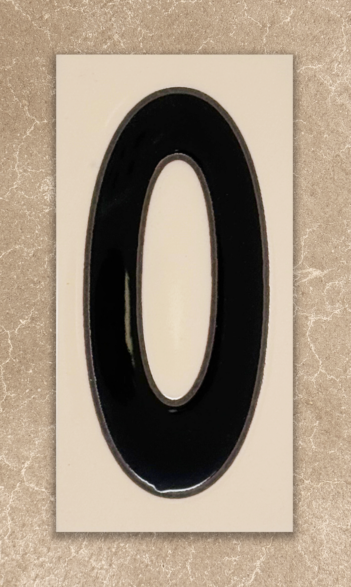 Black number '0' on a beige background