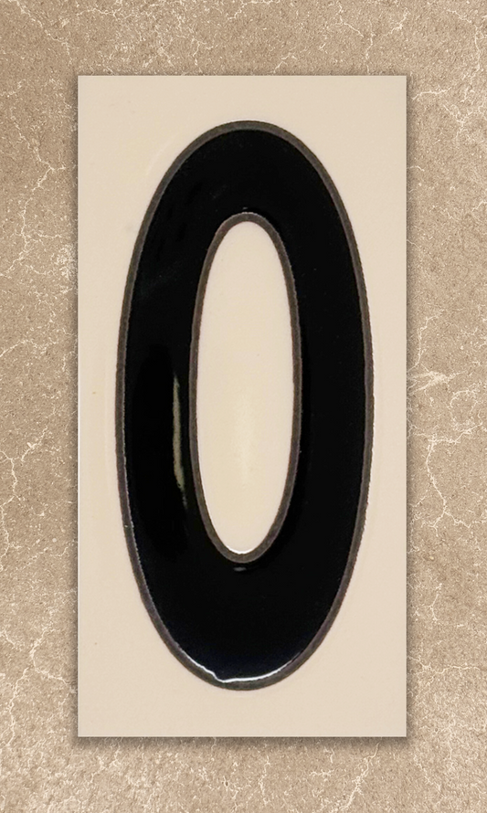 Black number '0' on a beige background