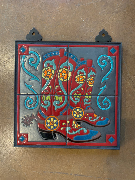 12x12 Cowboy Boots on Silver Hand Glazed Decorative Tile Mural
