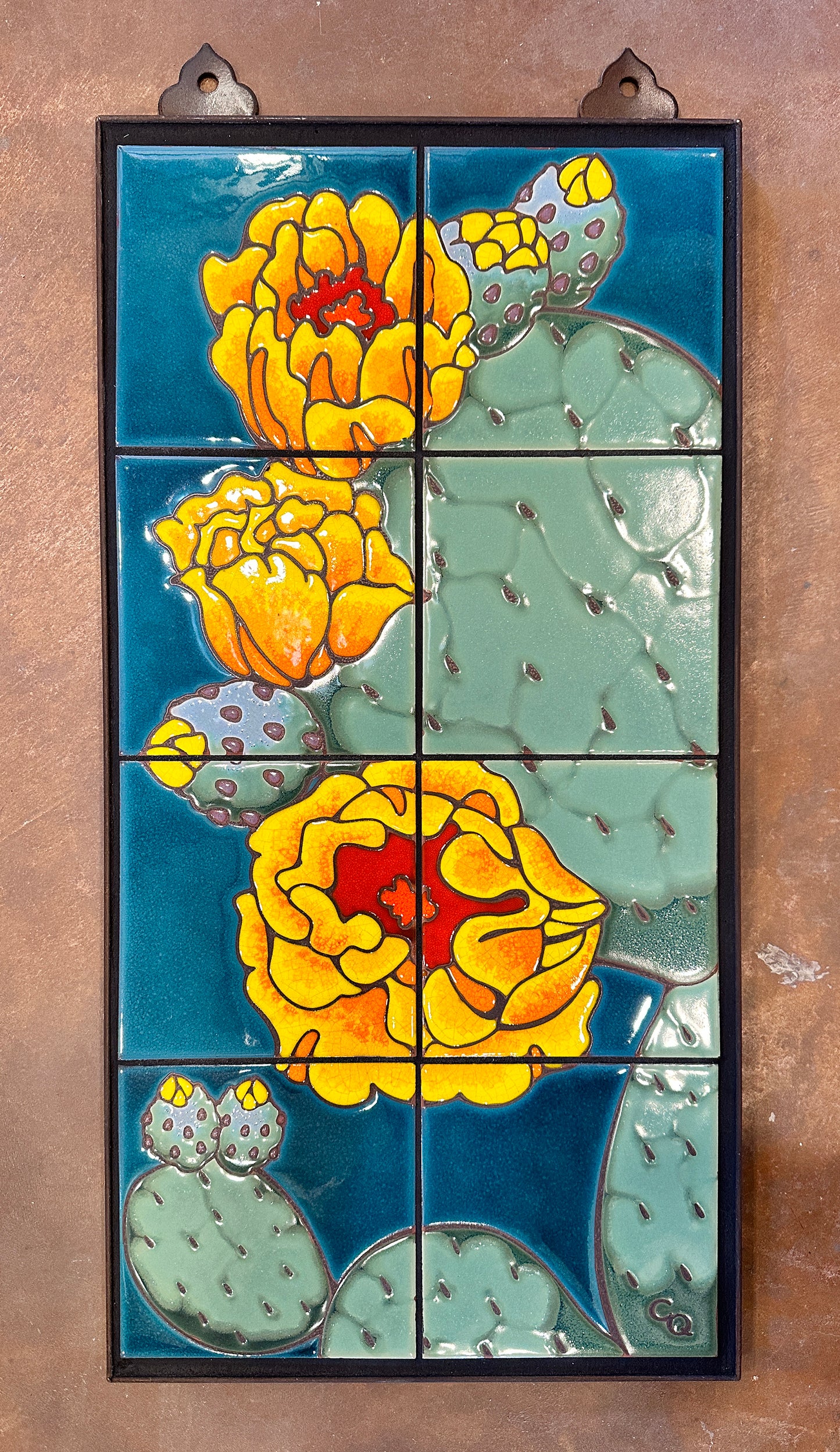 Prickly Pear on Terra Cotta, Emerald or Dark Blue, 12x24 Tile Mural