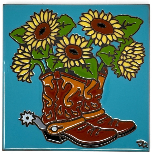 2/19 10am: Glaze a 6” Art Tile: Boots with Sunflowers Tile