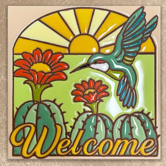 5/16 10am and 2:30pm workshops: Glaze a 6” Art Tile - Welcome Hummingbird with Barrel Cactus Tile -*New Design*