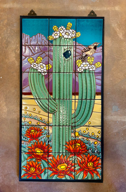 Saguaro with Cactus Wren - Desert Scene Tile Mural 18"x36"