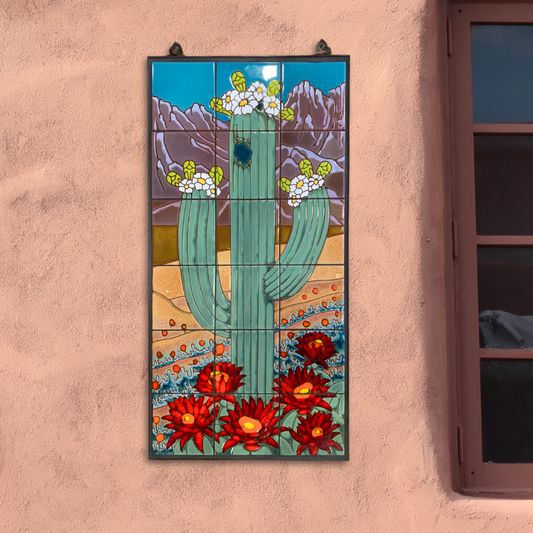 Saguaro with Cactus Wren - Desert Scene Fine Art Tile Mural 18"x36"