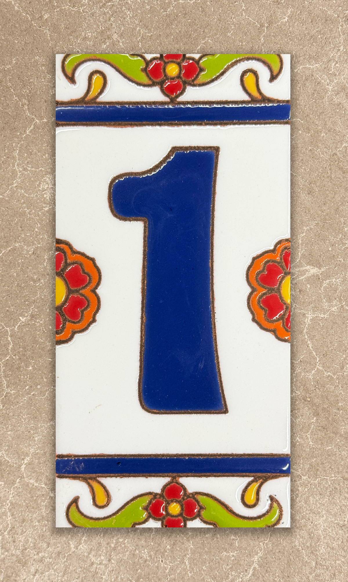 Decorative tile with the number '1' on a beige background
