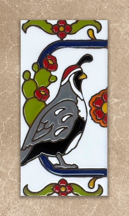 Decorative tile with a bird and floral design on a beige background