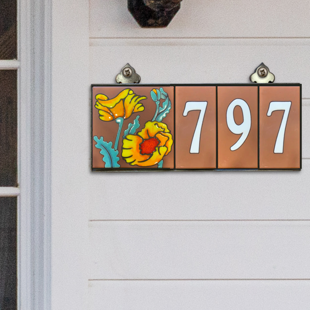 Choose your design: Tile House Numbers with Cactus, Butterfly or Hummingbird design, Terra Cotta Background and White Numbers
