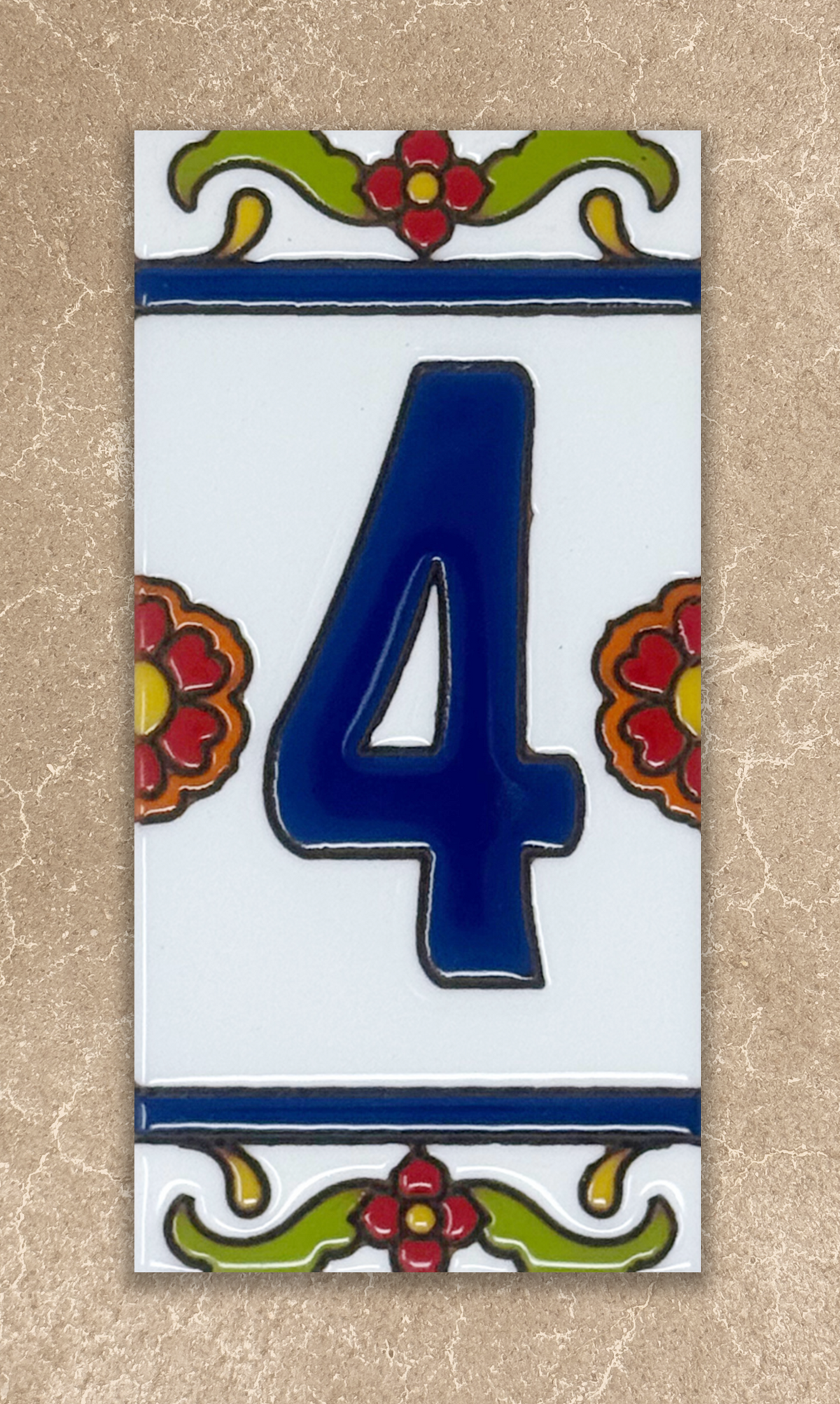 4 blue and white talavera number tile