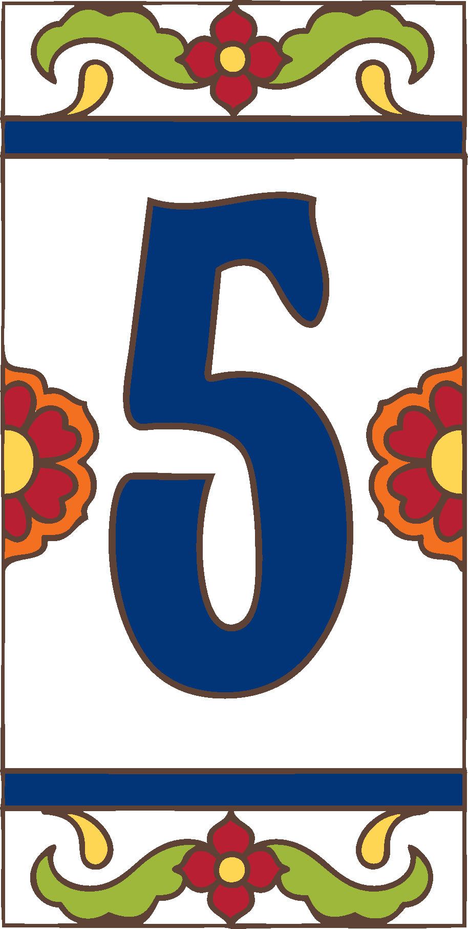 Decorative tile with the number 5 in blue, surrounded by floral designs on a white background