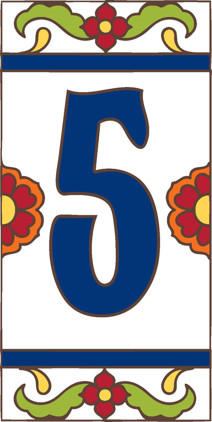 Decorative tile with the number 5 in blue, surrounded by floral designs on a white background