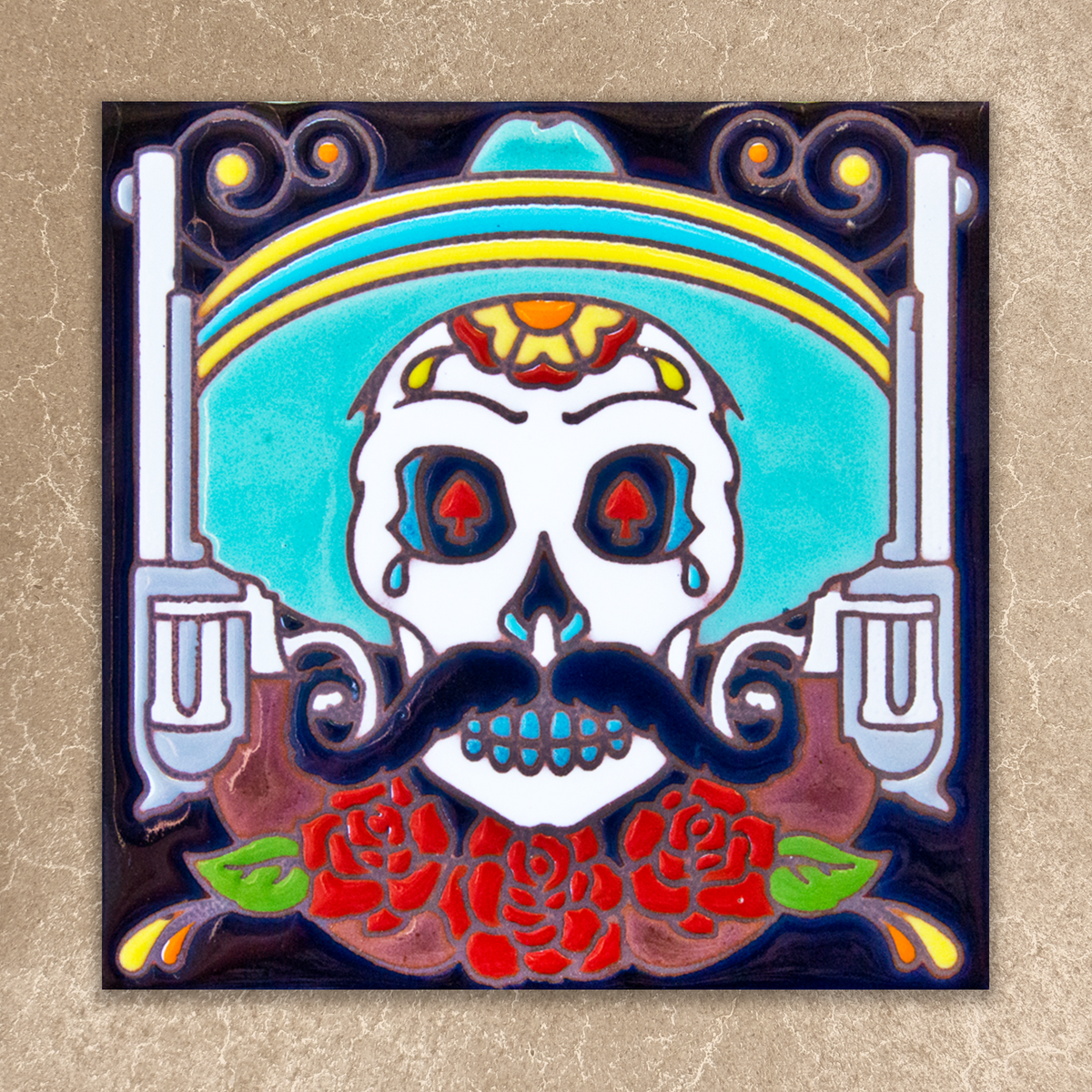 Decorative tile with a colorful skull design, roses, and guns on a beige background