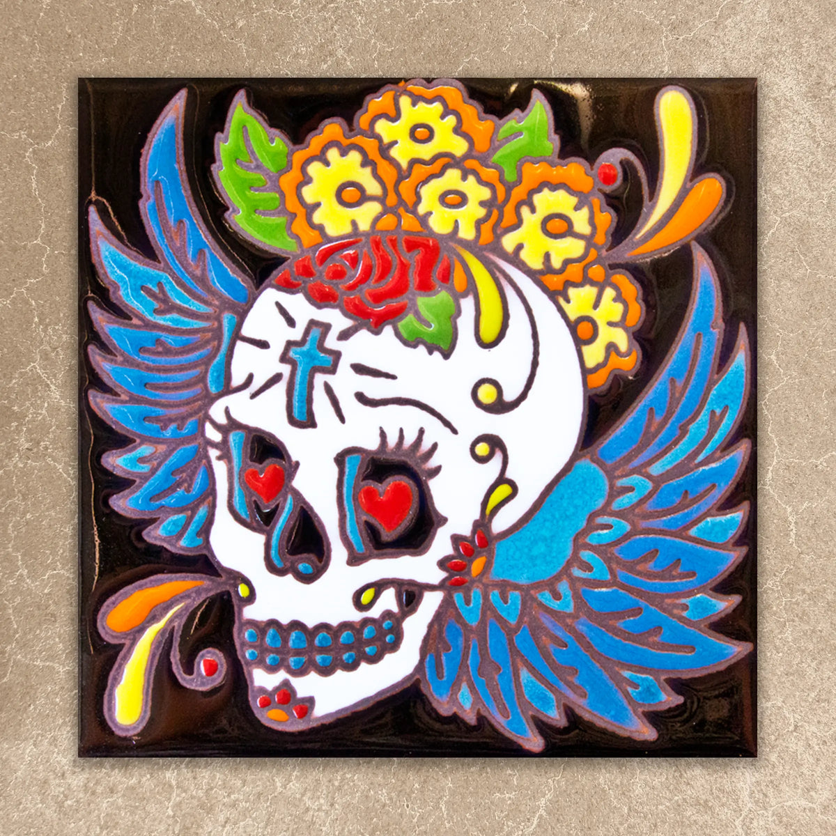 Day of the Dead Winged Skull Tile (6006), Earthtones Heritage Collection