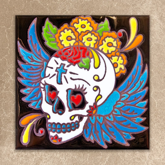 Day of the Dead Winged Skull Tile (6006), Earthtones Heritage Collection