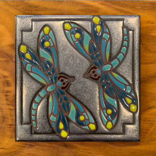 Dragonflies on Silver Tile Art Trivet