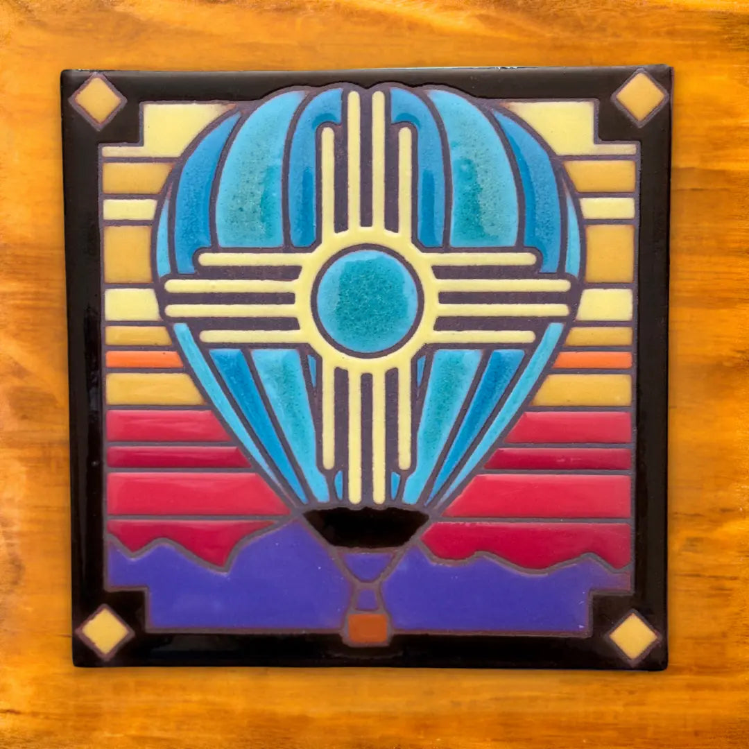 Colorful hot air balloon design on a wooden background
