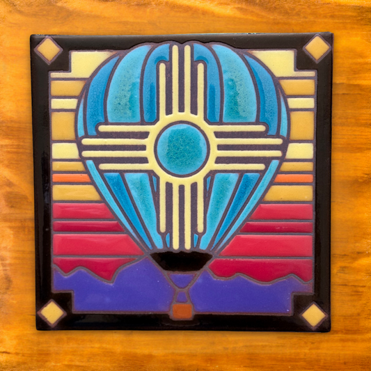  vibrant 6”x6” Zia Hot Air Balloon tile design, inspired by the iconic Albuquerque International Balloon Fiesta and the colorful skies of New Mexico. 