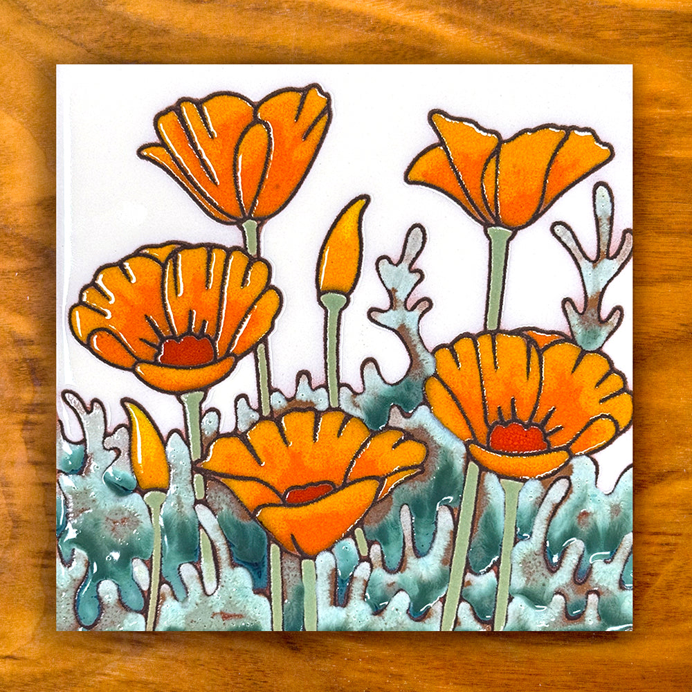 Stylized illustration of orange flowers on a white background, framed by a wooden border.