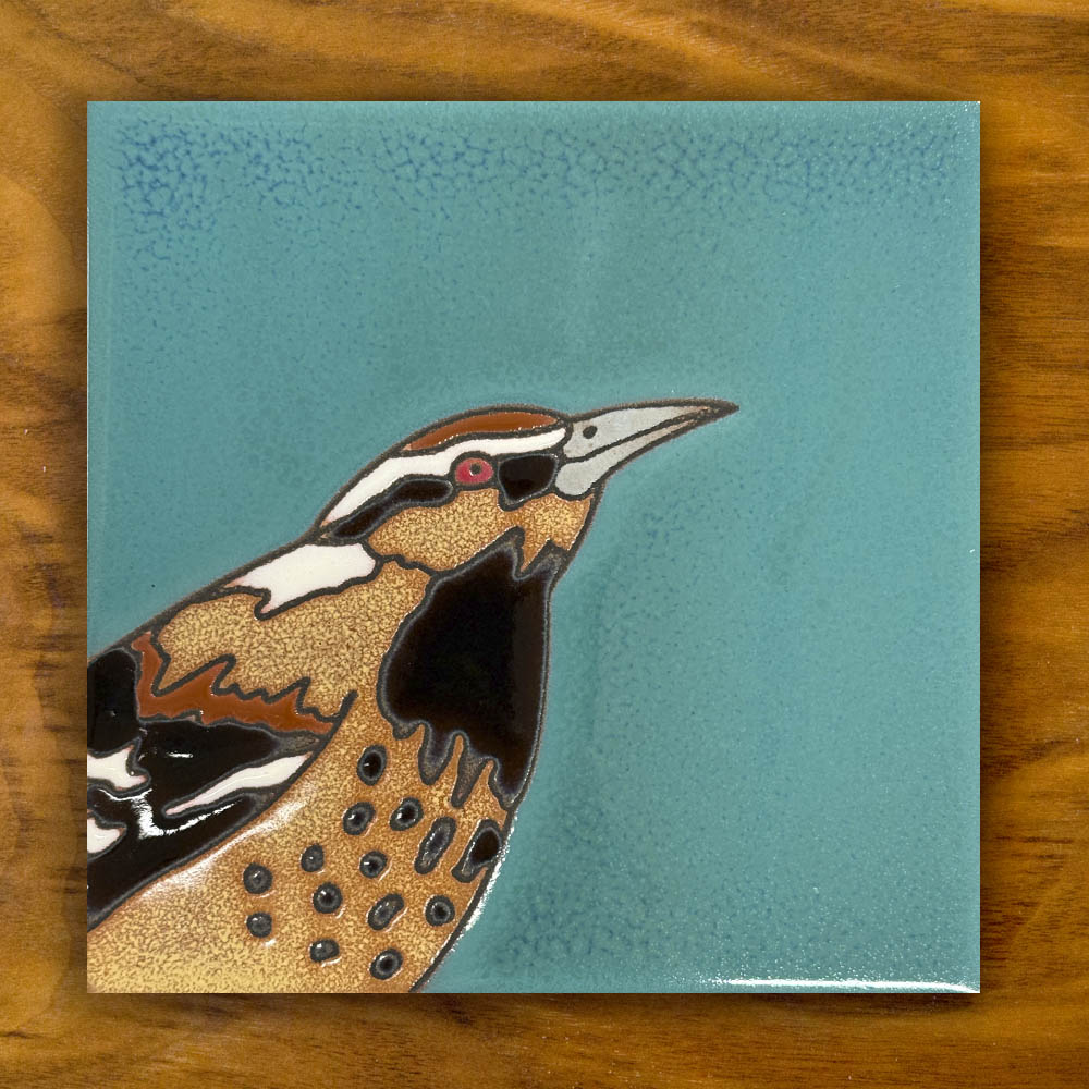 cactus wren ceramic tile on blue