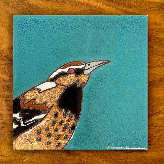cactus wren ceramic tile on blue