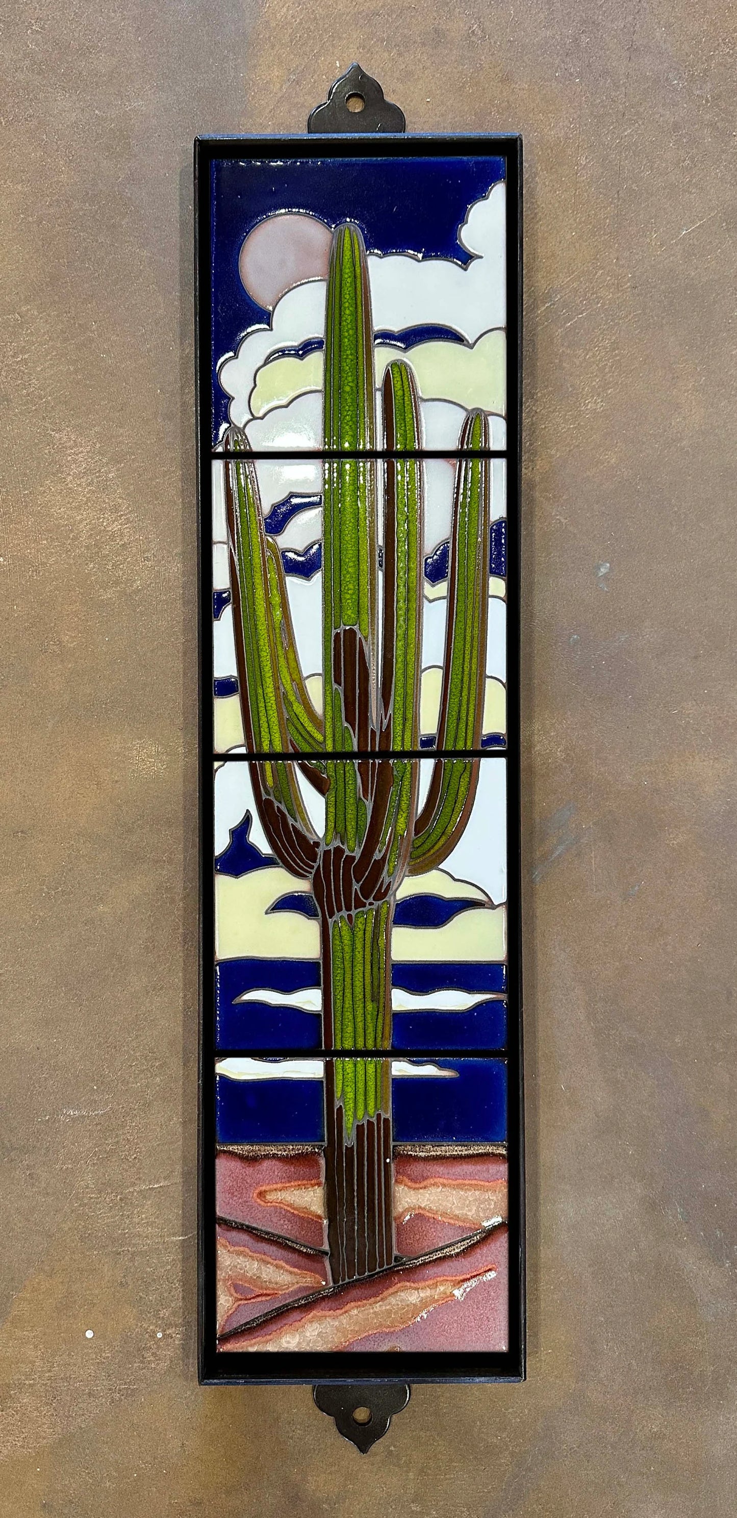 6"x24" Retro Saguaro at Night Tile Mural - Framed