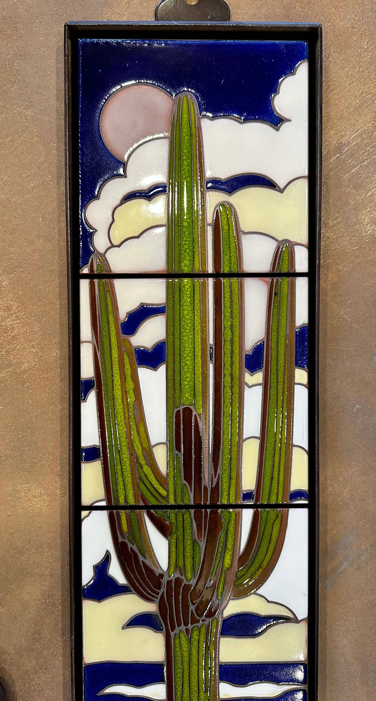 6"x24" Retro Saguaro at Night Tile Mural - Framed