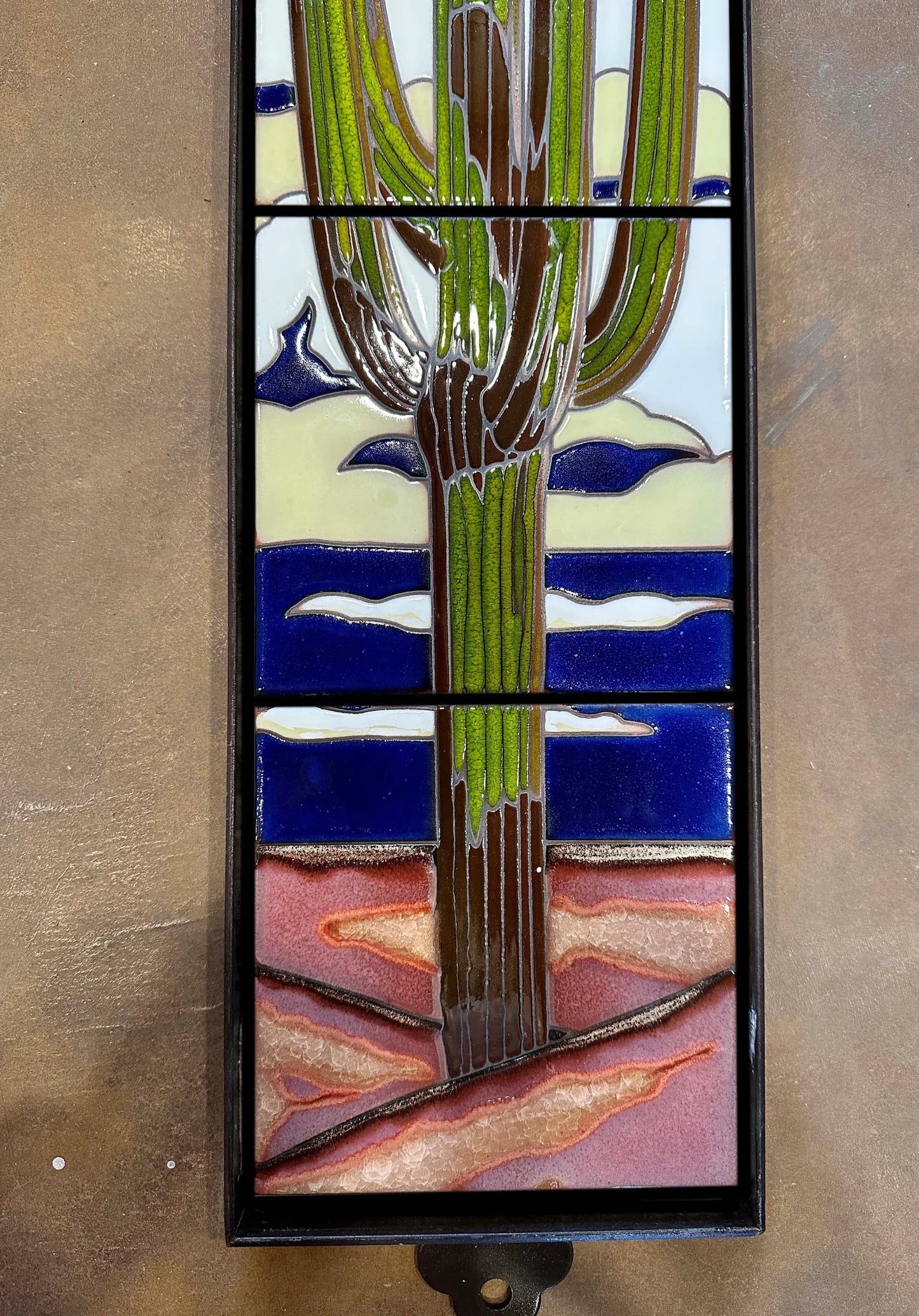 6"x24" Retro Saguaro at Night Tile Mural - Framed