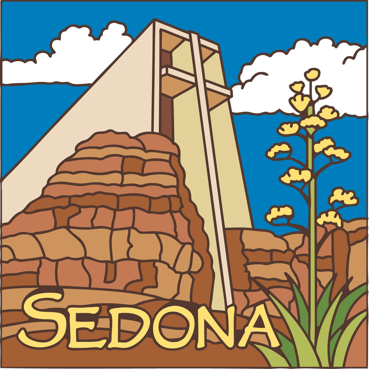 Illustration of a desert scene with a wooden structure, cacti, and the word 'Sedona' on a blue sky background.