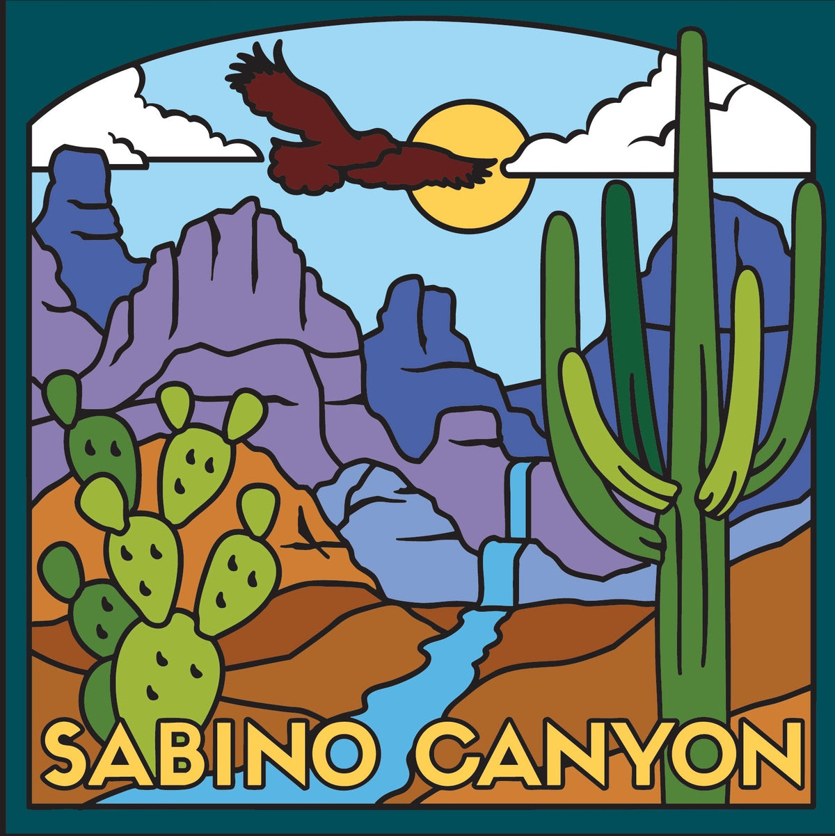 Stylized illustration of a desert scene with cacti, mountains, and an eagle, featuring 'Sabino Canyon' text.