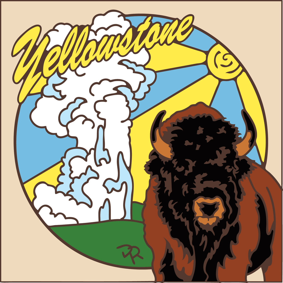 Illustration of a bison with 'Yellowstone' text and geysers in the background