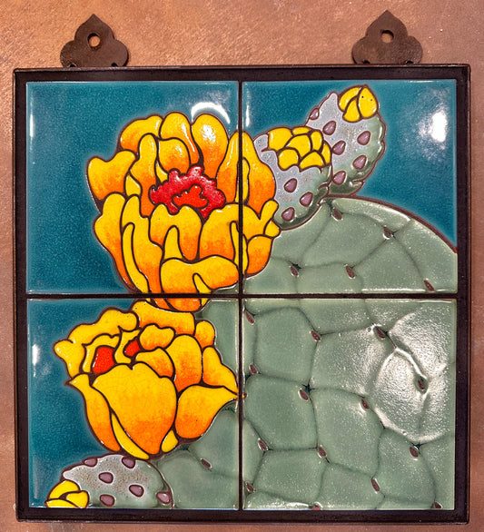 Prickly Pear Blooms Tile Mural on Emerald, Terra Cotta, or Black Adventurine Tile