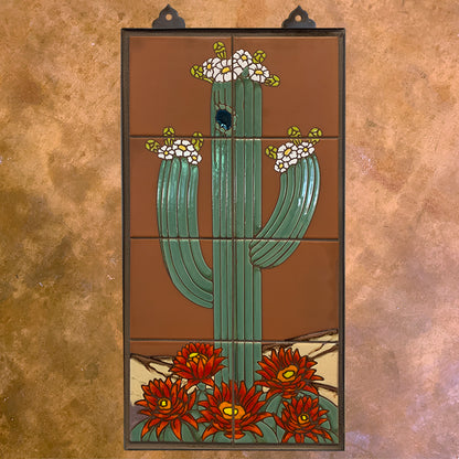Saguaro on Terra Cotta, Red, or Emerald, 12x24 Hand Glazed Tile Mural