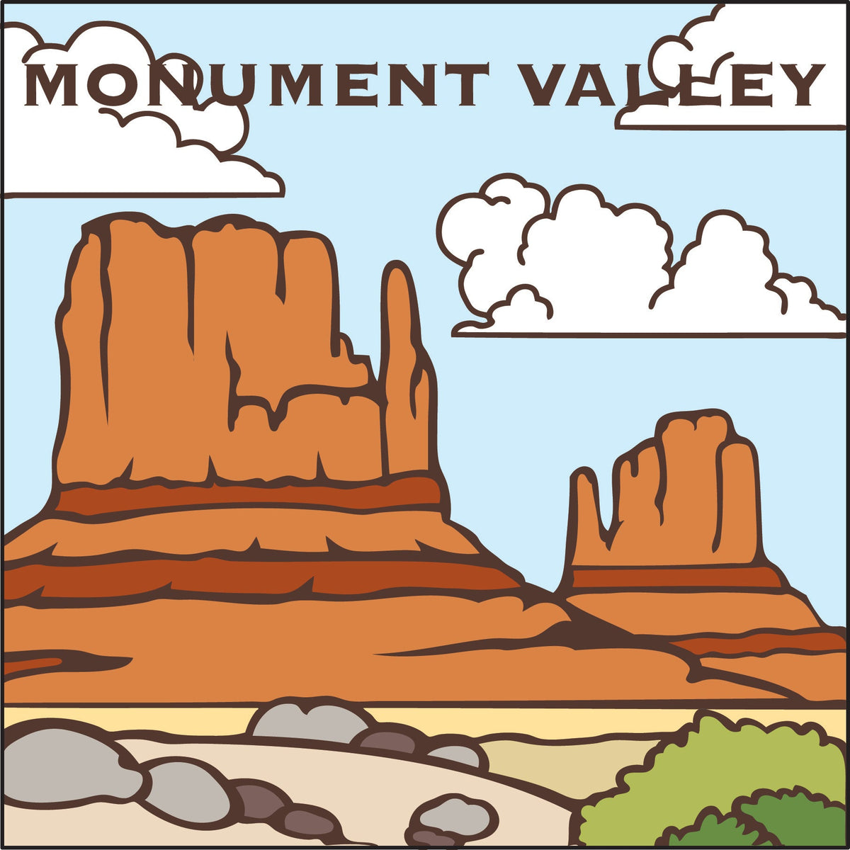 Cartoon illustration of Monument Valley with red rock formations and a blue sky. Monument Valley Ceramic Tile Trivet Art | Arizona Travel Souvenir | Loose Ceramic Tile