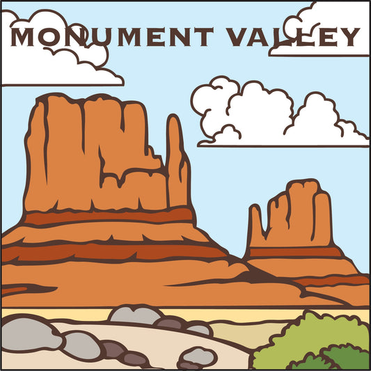 Cartoon illustration of Monument Valley with red rock formations and a blue sky. Monument Valley Ceramic Tile Trivet Art | Arizona Travel Souvenir | Loose Ceramic Tile