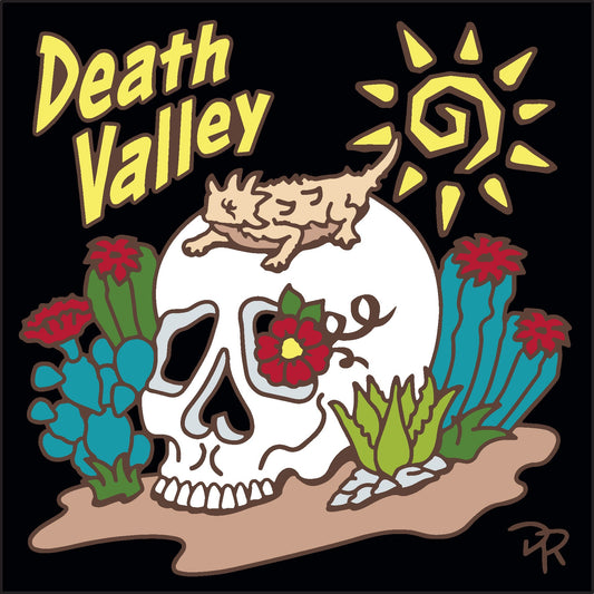 Cartoonish skull with flowers and cacti, surrounded by text and a sun, on a black background. Death Valley Cactus Garden Skull Tile | Ceramic Tile Trivet Art | California Travel Gift