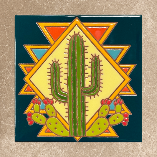 Southwest Saguaro ceramic tile with geometric border