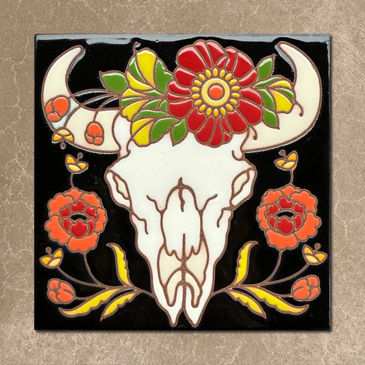 Cow Skull with Red Flowers Tile (9415), Earthtones Heritage Collection