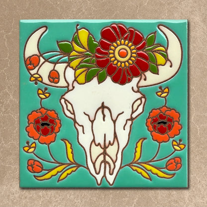 Cow Skull with Red Flowers Tile (9415), Earthtones Heritage Collection