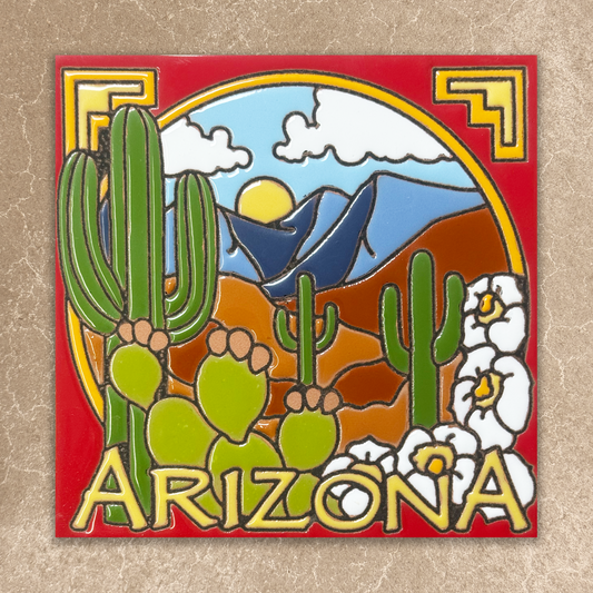 Stylized decorative tile of Arizona with cacti, mountains, and flowers on a red background.