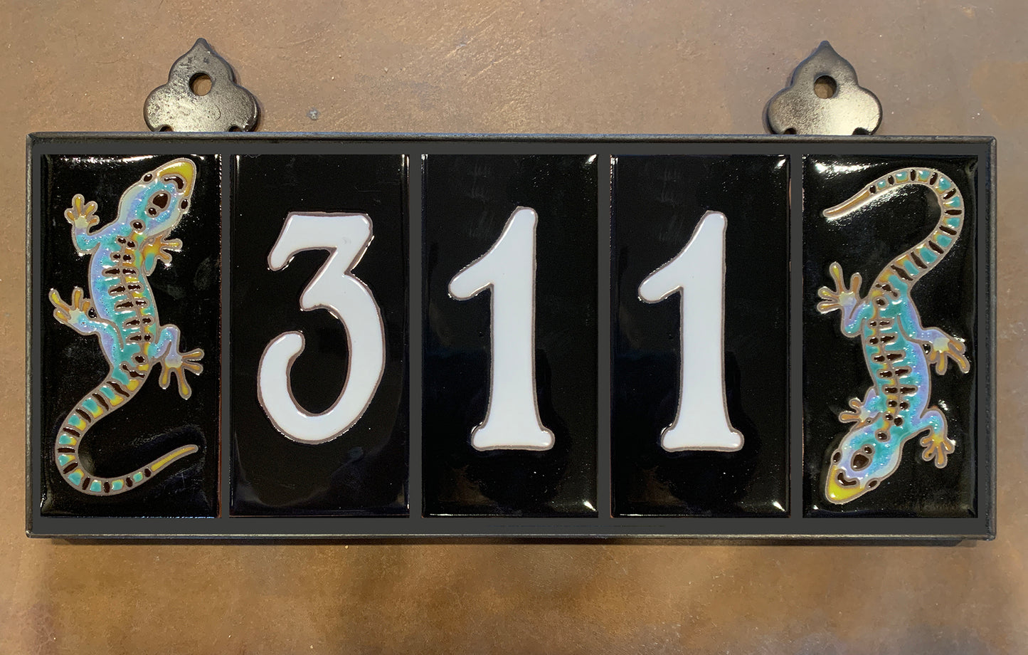 Custom Tile House Numbers with Gecko End Caps, Black Background and White Numbers