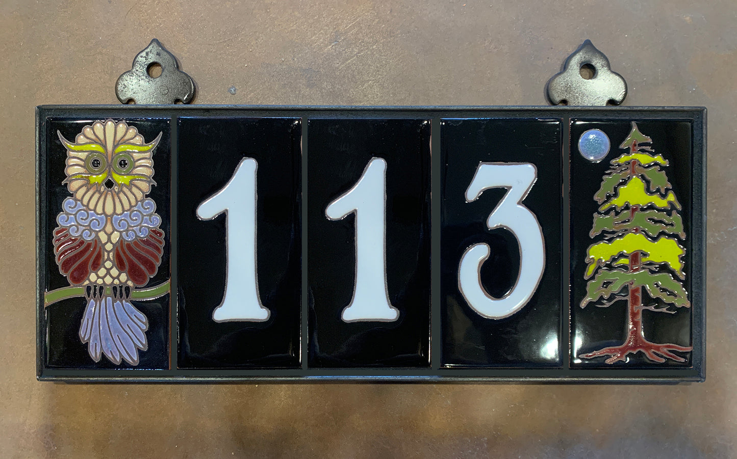 Custom Tile House Numbers with Forest End Caps, Black Background, and White Numbers