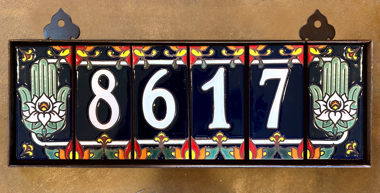 Custom Tile House Numbers with Hamsa Hand End Caps, Blue Background, and White Numbers