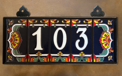 Custom Tile House Numbers with Talavera End Caps, Dark Blue Background, and White Numbers