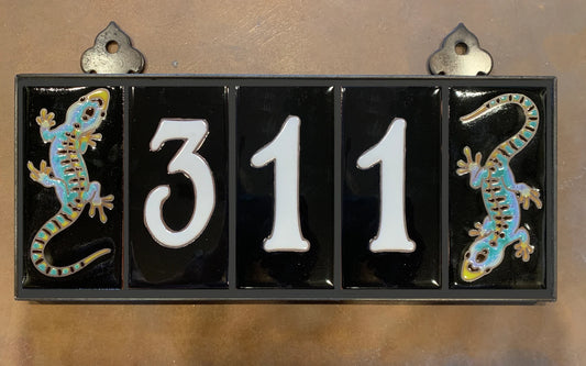 Framed House Number Set with Gecko End Caps, Black Background and White Numbers