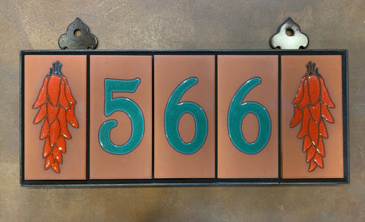 Framed House Number Set with Chili End Caps, Terra Cotta Background, and Jade Numbers